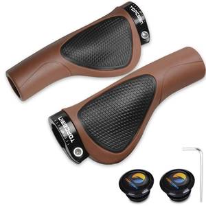 lot 28787 image: Bicycles Handlebar Grips, Aluminum Lock-on Ergonomic Bike Grips, Cushion Vibrations Comfort Bike Handlebar Grips, Mountain MTB BMX Bicycles Grips for Scooter (Ergonomic PU-Brown&Black) - Retail $13