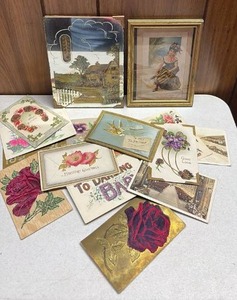 lot 256 image: Vintage Postcards, Greeting Cards and Wall Decor with Thermometer.