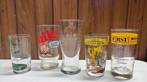 lot 258 image: Lot of 5 Vintage Assorted Drinking Glasses with Various Prints and Logos