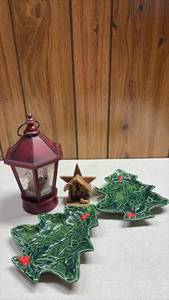 lot 275 image: Holiday Decor Lot Red Lantern Glitter Globe with Music and Light. Wood Star Nativity Ornament Green Tree Dishes