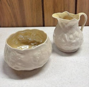 lot 303 image: Belleek Porcelain Cream Pitcher and Bowl