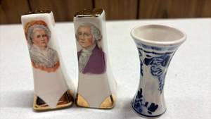 lot 307 image: George and Martha Washington Salt and Pepper Shakers and Hand-painted Delft Toothpick Holder.