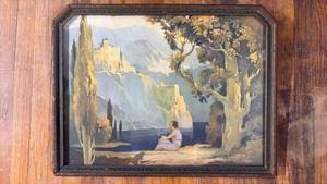 lot 310 image: Framed Landscape Painting Mediterranean Scene with Figure Approximately 13 by 17 Inches