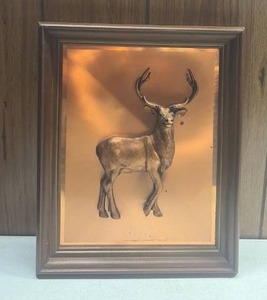 lot 135 image: Framed Deer Relief Wall Art with Copper Background