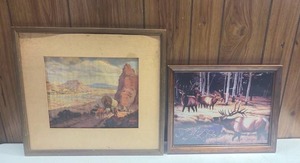 lot 143 image: Two Framed Wildlife Landscape Prints Western Desert and Forest Elk Scenes