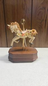 lot 210 image: Music Box - Collectible Carousal Horse On Wood Base w Ribbon