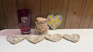 lot 230 image: Decorative Home Accent Lot Red Flower Vase, Nesting Boxes, Ceramic Wall Plaque, Coasters (would be cute strung together and hung)