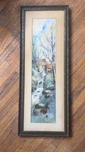 lot 239 image: Framed Watercolor Painting Mill Stream Landscape - 27 x 10
