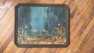 lot 240 image: Unique Frame, Print Nighttime Moonlit Landscape with Flowers
