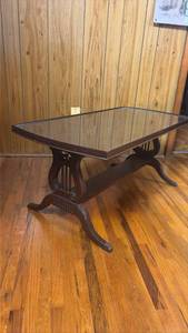 lot 247 image: 1940s Mersman Lyre Base, Coffee Table, Glass Top, Mahogany