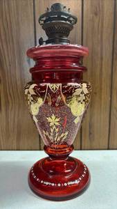 lot 100 image: Antique Hand Painted Bohemian Red Glass Oil Lamp 16 Inches Tall