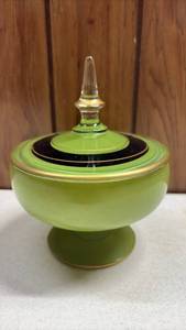 lot 111 image: Vintage Green Covered Compote with Finial Lid and Gold Trim