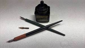 lot 120 image: Carters Rubber Stamp Ink Bottle with (3) Pen Nib and (2) Pen Handles
