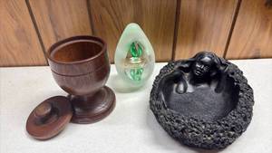 lot 152 image: Hawaiian Collectible Lot Wood Vessel, Glass Paperweight, Lava Stone Dish
