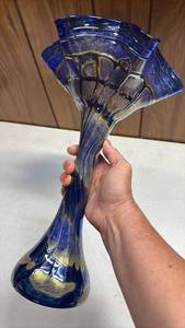 lot 160 image: Blue Glass Ruffled Rim Vase with Gold Accents