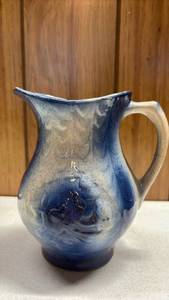 lot 161 image: Pottery Pitcher with Blue and Gray Glaze and Rose Relief Accent