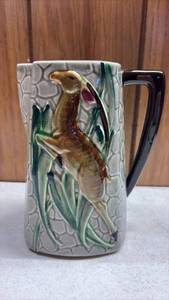 lot 166 image: Vintage L. Battin and Sons Inc. Ceramic Pitcher with Antelope Relief Detail