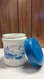 lot 176 image: Milk Glass Cigar Humidor Canister with Blue Coastal Scene Transfer Print and Blue Lid