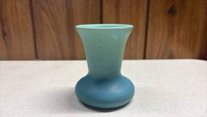lot 182 image: Van Briggle Vintage Turquoise Ceramic Vase Bulbous Base Flared Rim