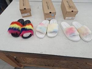 lot 19190 image: Portland Fuzzy Slider Sandals - Multi-Color, 3 Pair, Size 9