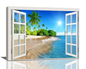 lot 6 image: Beach Bathroom Wall Art Coastal Beach Palm Trees Pictures Wall Decor Blue Sea 3D Window View Canvas Painting Print Artworks Tropical Ocean Nautical Wall Decor Framed for Living Room Bedroom 24x20 - Retail $40