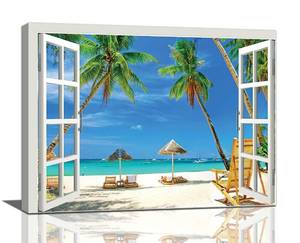 lot 26 image: Beach Bathroom Wall Art Coastal Beach Palm Trees Pictures Wall Decor Blue Sea 3D Window View Canvas Painting Print Artworks Tropical Ocean Nautical Wall Decor Framed for Living Room Bedroom 24x20 - Retail $50