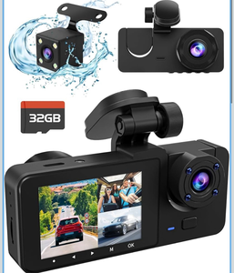 lot 96 image: 3 Channel 4K Dash Cam Front 170° Inside 150° Rear 160° with 32GB Card - Retail $75