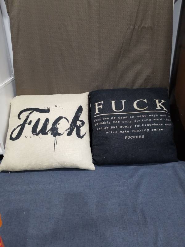 lot 1432 image: Lot of 2 Decorative Throw Pillows with Text Graphics
