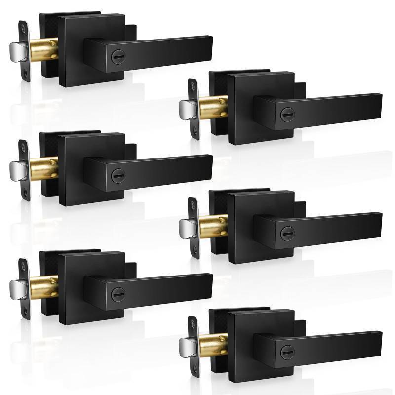 lot 1861 image: Onateel Privacy Door Lever, 6 Pack Matte Black Door Handle, Keyless Interior Door Knob with Lock for Bedroom Bathroom, Heavy Duty Square Door Lock, Reversible for Left Right Handled Doors
