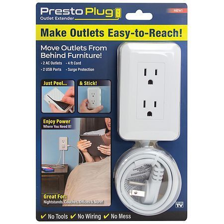lot 1948 image: Presto Plug Outlet Extender  2 USB Ports  2 AC Outlets  4ft Cord Small Wall Charger