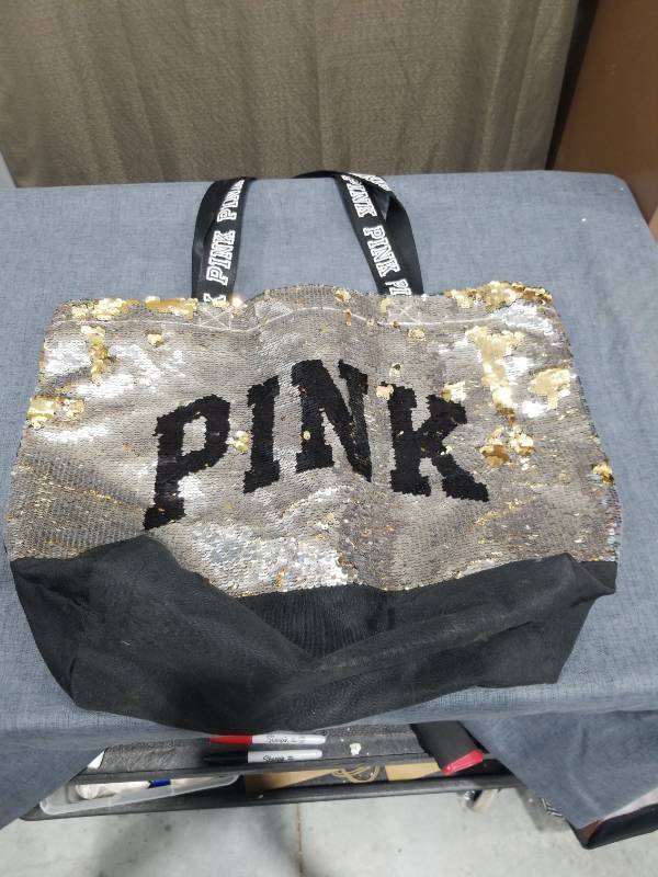 lot 2930 image: PINK Sequin Tote Bag with Black Bottom and PINK Straps
