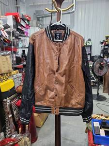 lot 1557 image: FRIED Denim Varsity Jacket Brown Black Colorblock XL