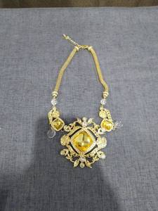 lot 1577 image: Gold-Tone Statement Necklace with Yellow Faceted Pendant and Crystal Beads