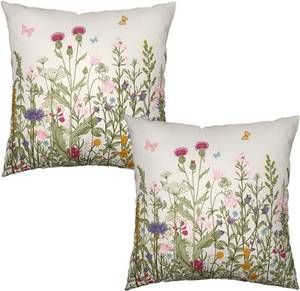 lot 45104 image: Spring Vintage Floral Pillow Covers 20x20 Set of 2 Sage Green Wildflower Plant Outdoor Throw Pillows Case Summer Rustic Wild Flowers Botanical Print Pillowcase for Farmhouse Sofa Couch Bed Decor