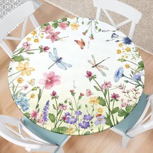 lot 45113 image: Spring Summer Floral Round Fitted Tablecloth with Elastic Waterproof Outdoor Tablecloth Wipeable Table Cover for Indoor Kitchen Home Party Fits 44-48 Diameter Round Tables