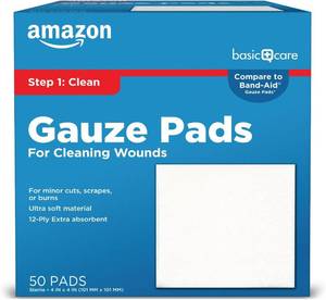lot 45171 image: Amazon Basic Care Gauze Pads, 4x4 Sterile Medical Wound Dressing Sponges, 12-Ply, Extra Absorbent, for Cleaning, Covering & Cushioning Cuts & Minor Injuries, 50 Count, 1-Pack (Previously All Health)