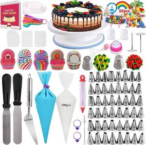lot 45188 image: Cake Decorating Kit with Cake Turntable,Numbered Icing Piping Tips, Pastry Piping Bag, 3 Spatulas, 3 Comb Scrapers, 3 Comb ScrapersPaper Cupcake Liners, Cake Baking Supplies