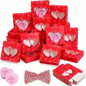 lot 45201 image: Tioncy 48 Pcs Valentines Cookie Boxes with Window Small Pink Bakery Boxes 4.3x4.3x1.2 Inch Dessert Containers with Heart Cards and Rope for Candy Muffin Homemade Soap Valentine Party Gift(Lip)