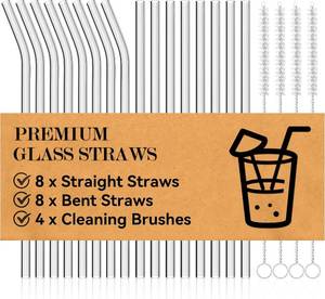 lot 45224 image: Foogwee  20 Packs Reusable Glass Straws Set, 8.5 x 10mm Clear Drinking Straws for Smoothies, Shakes, Coffee, Juice, Sodas, Milk, Tea, Cocktails, Set of 8 Straight and 8 Bent with 4 Cleaning Brushes