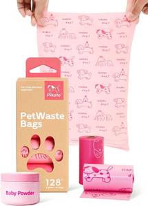 lot 45239 image: Dog Poop Bags, 128 Count, Baby Powder Scented, Pink  Baby Powder Scented, Extra Thick, 60% Recycled Plastic, Easy-Peel Sticker, 16 Bags Per Roll, Dual Pink Designs