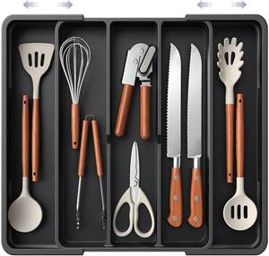lot 45314 image: Aujen Silverware Drawer Organizer, Adjustable Utensil Cutlery Tray  Expandable Kitchen Organizer for Forks Knives, Multipurpose Kitchen Storage, Apartment Essentials, Black, X-Large
