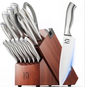 KnifeSaga 14 Pcs Kitchen Knife Set with Block and Sharpener, Professional Innovative Steel, High Carbon Stainless, Enduring Sharpness, Ergonomic Handle, Quality Wood Block, Gift Box