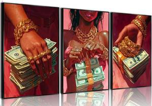 lot 45330 image: 3Pcs Black Girl Canvas Wall Art Red Black Women Money Wall Decor Pictures Modern Pink Trendy African American Posters Prints for Living Room Bedroom Home Bathroom Wall Decoration Un framed