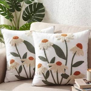 lot 45331 image: 2 Pack Spring Embroidered Floral Pillow Covers 18x18 Inch Daisy Decor Decorative Velvet Boho Pillow Cases Embroidered Tufted Couch Pillows Covers for Living Room Sofa Bed Spring Decor