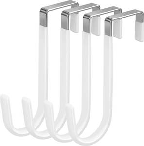 lot 45336 image: 4 Pack Over The Door Hooks, Fits Doors Less Than 1.4in Thick, White Rubber Surface Prevent Scratch Door Hanger Hooks for Bathroom, Living Room, Kitchen, Hanging Clothes, Towels, Bags  for Bathroom, Living Room, Kitchen, Hanging Clothes, Towels, Bags
