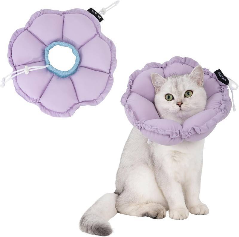 lot 10514 image: H HIDREAM Soft Cat Cone Collar  Cute Adjustable Cat Recovery Collar Elizabethan e Collar that can Protect Head and Foot Wounds Purple Flower All-Season Style
