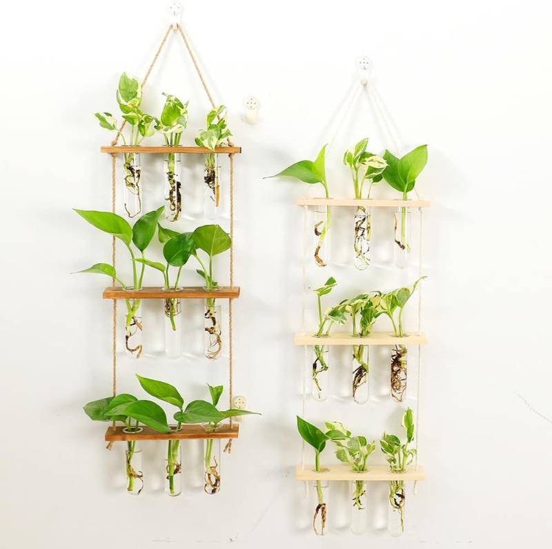 lot 10585 image: Wall Hanging Planter Terrarium with Wooden Stand, 3 Tiered TestTube Flower Vases Retro Hanging Glass Planter Propagator for Hydroponic Plants Cutting Home Office Garden Decor- 9 Test Tubes