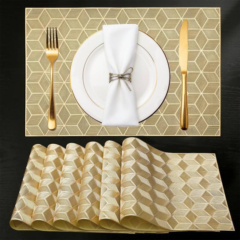 lot 10590 image: Quantum Love Geometric Gold PVC Placemats Set of 6 Heat Resistant Non-Slip Washable Dinning Kitchen Table Mats, Wipeable Square Cube Place Mats for Party Events Restaurant Wedding Home