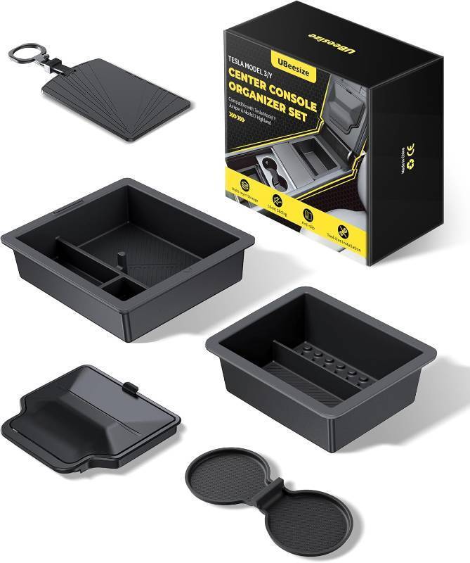 lot 10539 image: UBeesize Tesla Model Y Juniper Accessories (Only Premium & Performance 2026), Center Console Organizer Tray for Model 3 Highland 2024 2025, Double-Layer Sliding Armrest Hidden Storage Box, 5PCS Black