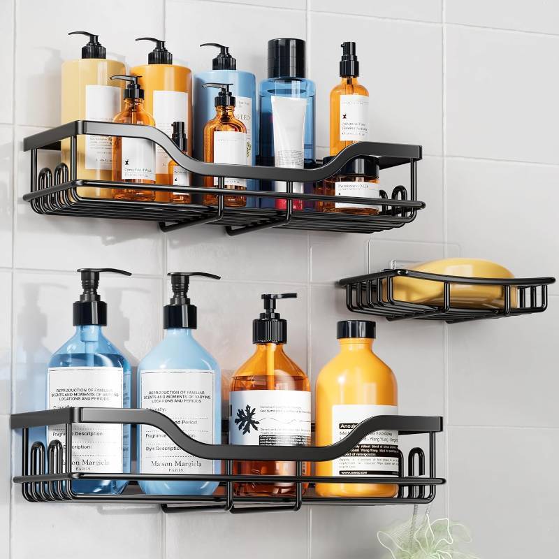 lot 18764 image: OMAIRA 3-Pack Shower Caddy with Soap Holder, Adhesive Rustproof No-drill Strudy Loading Inside Shower Organizer Shelves Rack Storage Bathroom Organization for Smooth Wall Glass Tile, Black